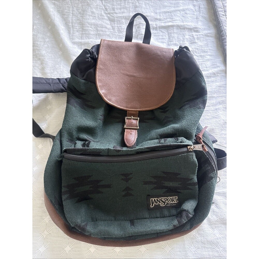 VINTAGE JANSPORT Backpack Unisex Adults Green Leather AZTEC-PATTERN 90s